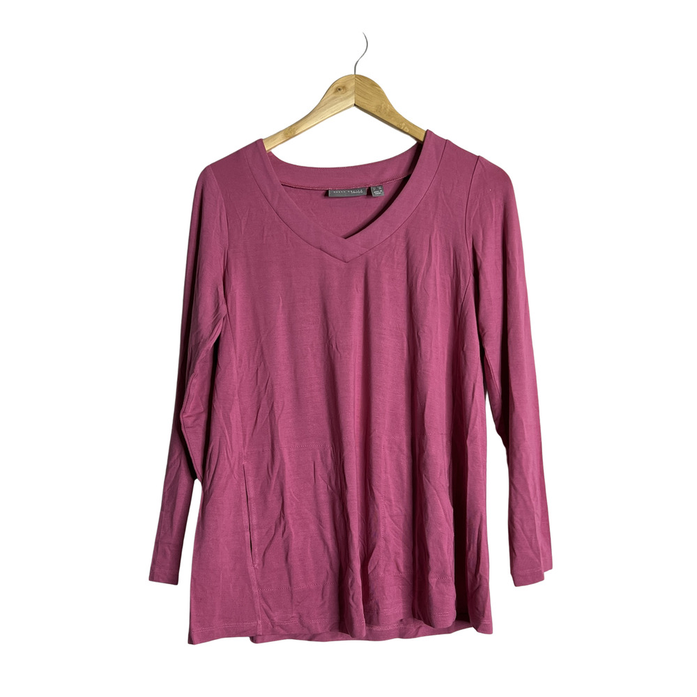 SUSAN GRAVER Lifestyle Spa Knit V-Neck Tunic Raspberry Blush Petite XS